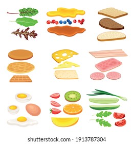 Floating Breakfast Ingredients with Bread Slices, Vegetables and Bacon Vector Set