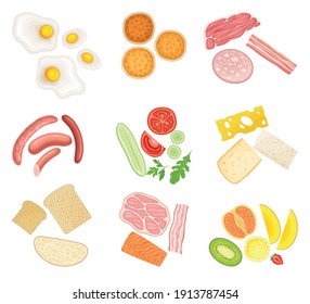 Floating Breakfast Ingredients with Bread Slices, Vegetables and Bacon Vector Set