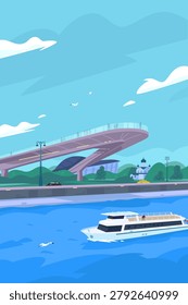Floating Bridge and Moskva River with a cruise boat. Scenic city landscape featuring modern architecture, a park, and a church under a bright blue summer sky.