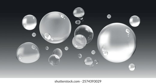 Floating bubbles on a dark background. Transparent bubbles create a light, airy feel. Bubbles vary in size, adding depth. Bubbles convey a sense of calm and playfulness. Soap bubble element vector set