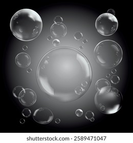 Floating bubbles on a dark background. Glossy bubbles of various sizes. Bubbles create a whimsical, airy feel. Perfect for designs needing bubbles or a light touch. Soap bubble element vector set.