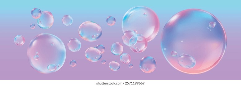 Floating bubbles in a pastel gradient background. Bubbles in various sizes, bubbles reflecting light. Soft, dreamy bubbles create a whimsical, airy feel. Soap bubble element vector set.