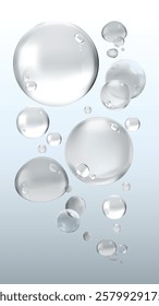 Floating bubbles in various sizes on a light background. Transparent bubbles, shiny bubbles, and floating bubbles create a calming, airy atmosphere. Soap bubble element vector set.