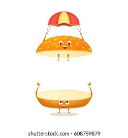 Floating bun with sesame. Cute funny character with happy face. Kids menu illustration. Fresh and tasty food on white background. Bread roll for the burger