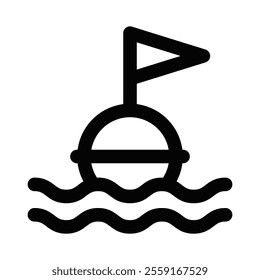 Floating buoy vector icon with waves and flag. Editable stroke.