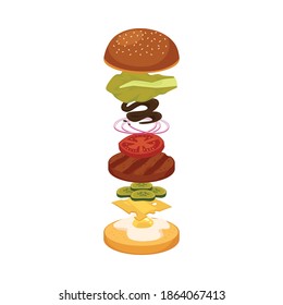 Floating burger ingredients - cartoon hamburger with food layers flying in air isolated on white background. Vector illustration of meat, bun and vegetables.