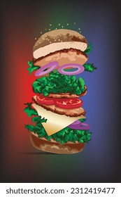 FLOATING BURGER WITH RGB BACKGROUND ILLUSTRASTION VECTOR FREE