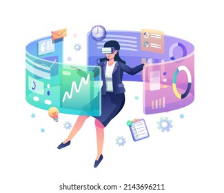 floating businesswoman wearing virtual reality glasses, touching and analyzing the business chart interface. Flat style vector illustration