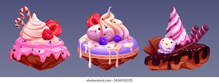 Floating candy island with chocolate for fantasy game world. Sweet cake and marshmallow mountain landscape isolated on background. Magic colorful flying cream rock with strawberry 2d environment