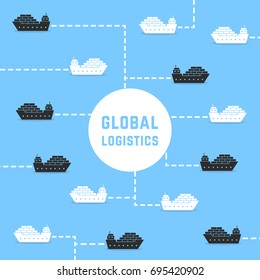 floating cargo ships like global logistics. simple flat style trend modern logo graphic art design on blue water background. concept of big boat silhouette with load means export or commerce seagoing