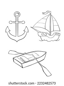 Floating cars . Anchor.Children's coloring book. Vector illustration for children. Black outline.eps