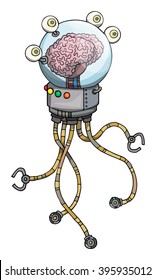 Floating, cartoon robot character with Human brain inside a jar, isolated on white, vector illustration