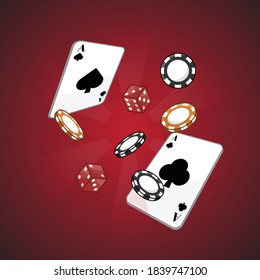 Floating casino roulette cards, chips and dice vector illustration. Isometric poker background banner concept. Red gradient backgrond poster.