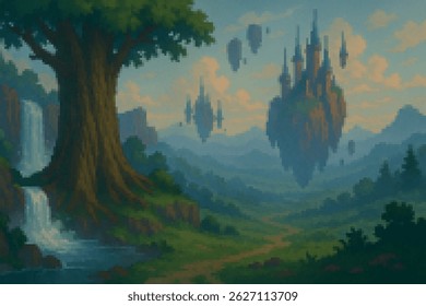 Floating castle islands with soft clouds and waterfalls in a vast fantasy world. Bright dreamscape perfect for 2D game adventure maps.