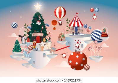 floating christmas wonderland greeting template vector/illustration