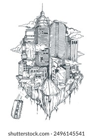 Floating city illustration. Art in free and simple lines.