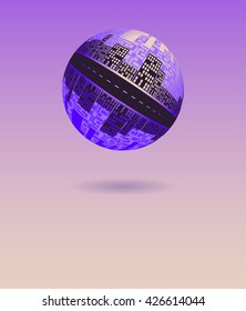 a floating city planet poster background with two hemispheres in evening purple shades