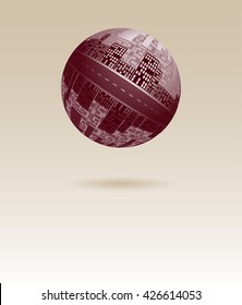a floating city planet poster background with two hemispheres in foggy beige and wine red shades