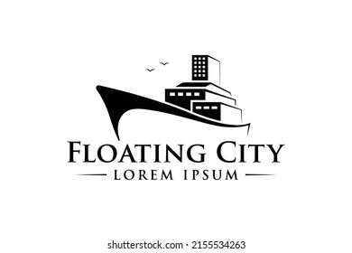 floating city silhouette logo simple design combination of ship and city