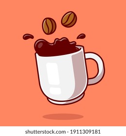 Floating Coffee With Beans Cartoon Vector Icon Illustration. Food And Drink Icon Concept Isolated Premium Vector. Flat Cartoon Style