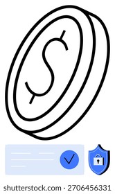 Floating coin with dollar sign, checkmark in a blue circle, and blue shield with lock conveys financial security. Ideal for finance, banking, investments, savings, transactions, digital currency