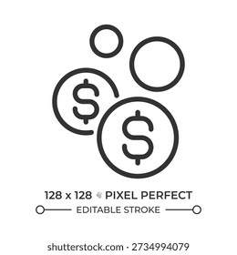 Floating coins pixel perfect line icon. Financial bubble. Money management during economy recession. Isolated vector illustration. Outline symbol. Simple linear drawing. Editable stroke