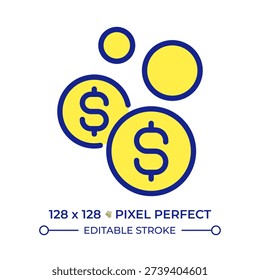 Floating coins pixel perfect line color icon. Financial bubble. Money management during economy recession. Commerce. Isolated vector illustration. Flat colorful symbol design. Editable stroke