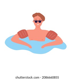 Floating cool boy with water wings and glasses. Summer sea swimming sleeves cartoon vector illustration