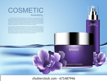 Floating cosmetic products with purple flowers , Vector purple cosmetic collection