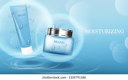 Floating cosmetic products surrounded by bubbles and shining light