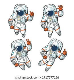 Floating cosmonaut. Astronauts person vector illustration, universe cosmonauts without gravity isolated on white background, space man in suit and helmet makes hand signs