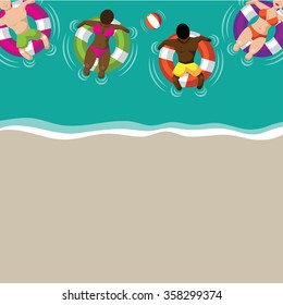 Floating couples on inner tubes flat design background. EPS 10 vector stock illustration for greeting card, ad, promotion, poster, flier, blog, article, ad, marketing, retail shop, brochure, signage