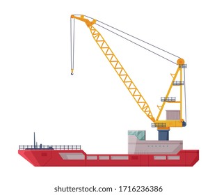 Floating Crane, Industrial Ship, Cargo Transportation Service Vehicle Flat Vector Illustration