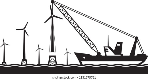 Floating Crane Installing Wind Turbine In The Sea - Vector Illustration