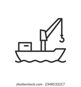 Floating crane, linear icon. A vessel equipped with a crane. Line with editable stroke