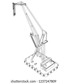 Floating crane. Vector rendering of 3d. Wire-frame style. The layers of visible and invisible lines are separated