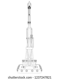 Floating crane. Vector rendering of 3d. Wire-frame style. The layers of visible and invisible lines are separated