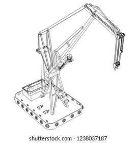 Floating crane. Vector rendering of 3d. Wire-frame style. The layers of visible and invisible lines are separated