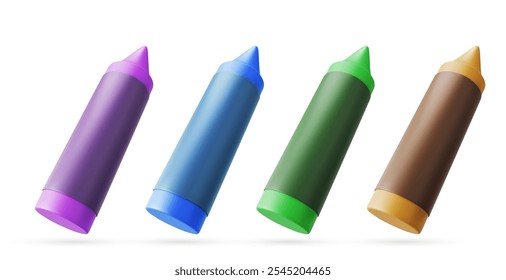 Floating crayon or chalk sticks in purple, blue, green and brown colors. Realistic 3d vector kindergarten tool pencils with matte textured surface for educational materials or art supplies promotion.