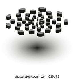 Floating cube shape. 3D black blocks. Abstract layout vector. Shadowed perspective.