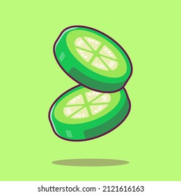 Floating Cucumber Slice Cartoon Vector Icon Illustration. Food Object Icon Concept Isolated Premium Vector. Flat Cartoon Style