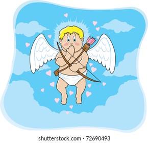Floating cupid who is extremely embarrassed