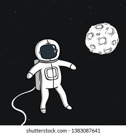 Floating cute astronaut with moon on space background