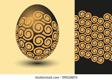 A floating decorated eastern egg and its gold curly waves seamless pattern
