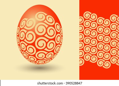 A floating decorated eastern egg and its red curly waves seamless pattern