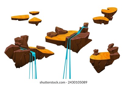 Floating desert land platform with sand surface, rocky cliff and river stream with waterfall for video game ui level jump concept. Cartoon vector set of flying ground islands and sandy planet pieces.