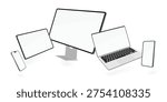 Floating Digital Devices Collection with Desktop Computer Laptop Tablet and Smartphone Blank Screen Responsive Technology Mockup Vector