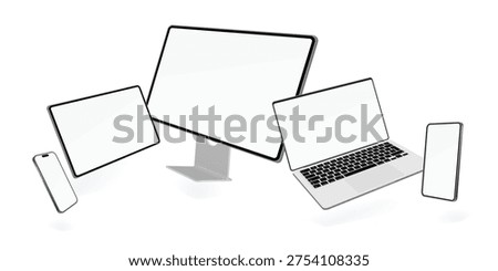Floating Digital Devices Collection with Desktop Computer Laptop Tablet and Smartphone Blank Screen Responsive Technology Mockup Vector