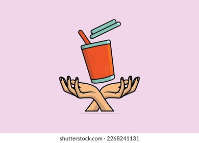 Floating Disposable Coffee Cup with Hands vector illustration. Food and drink object icon concept. Hands holding disposable coffee cup vector design.