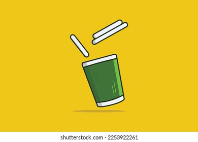 Floating Disposable hot coffee cup vector illustration. Food and drink object icon concept. Paper cup with coffee or tea. Dice-box with hot drink vector design with shadow on yellow background.